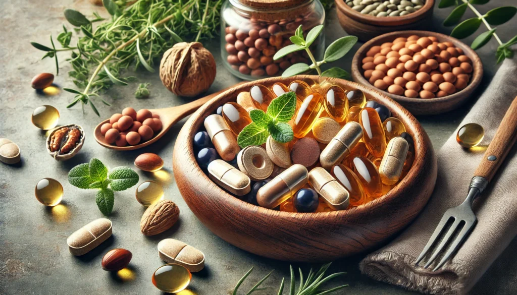 A close-up of a selection of health supplements for men over 50, including fish oil capsules, vitamin D softgels, CoQ10, and magnesium tablets, carefully arranged in a wooden bowl with fresh herbs and nuts in the background, symbolizing natural wellness and longevity.