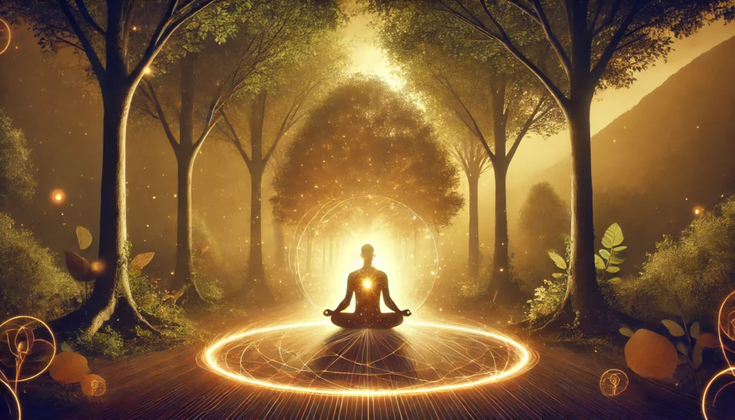 A serene digital painting of a person meditating in nature, surrounded by a glowing aura, symbolizing emotional balance and mental wellness