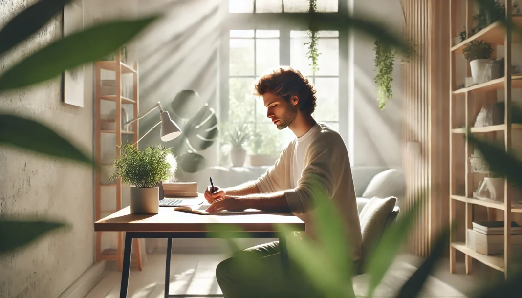 A serene and focused adult working at a minimalist home office desk, surrounded by natural lighting and calming indoor plants, symbolizing mental clarity and productivity through ADHD medication and anxiety management.