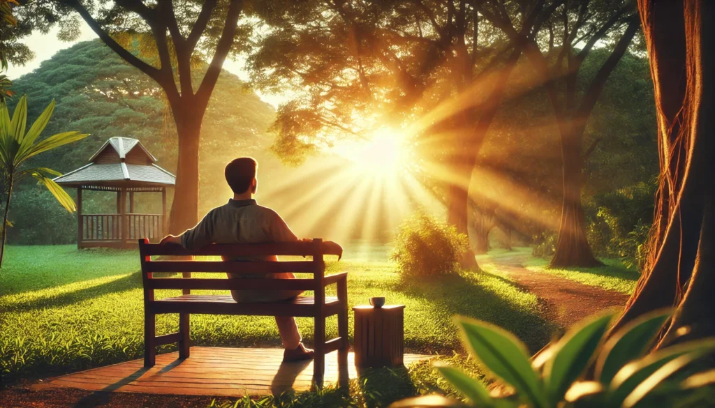 A tranquil adult sitting on a wooden bench in a quiet park, enjoying the peacefulness of nature with warm sunlight filtering through the trees, representing symptom relief and emotional well-being.