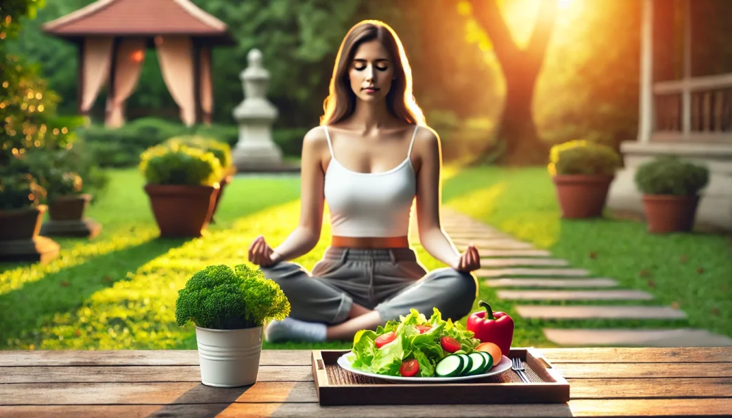 A serene woman meditating in a sunlit park, with a plate of fresh, healthy food beside her, symbolizing anxiety relief and a balanced approach to weight management