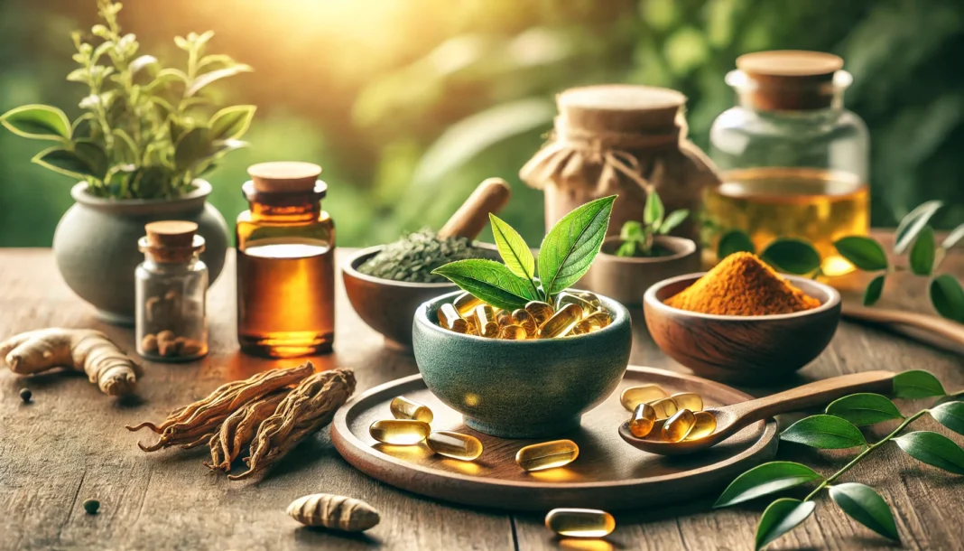 A peaceful still life featuring ashwagandha, green tea leaves, omega-3 fish oil capsules, and turmeric powder arranged on a wooden table with a warm, natural background