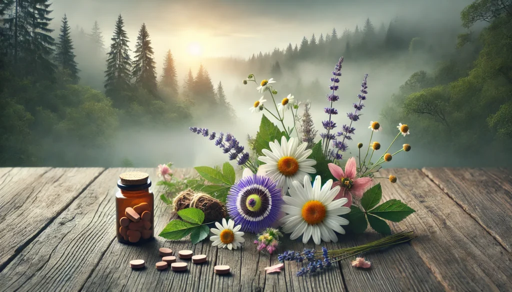 A calming composition of chamomile, lavender, valerian root, and passionflower on rustic wood, with soft morning light and misty forest in the background