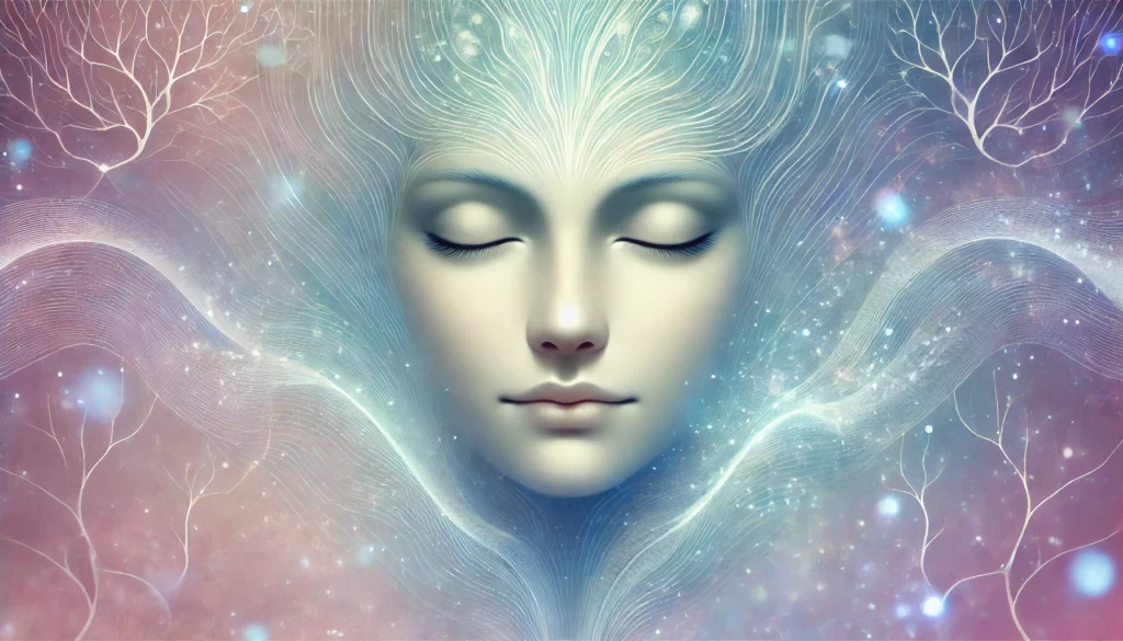 A tranquil and dreamy illustration symbolizing the calming effects of magnesium glycinate. A peaceful human face with closed eyes is surrounded by soft, ethereal light in pastel blues and purples. Delicate waves of energy flow gently, representing balance and mental clarity, with abstract neural connections subtly reinforcing the theme of relaxation and wellness.