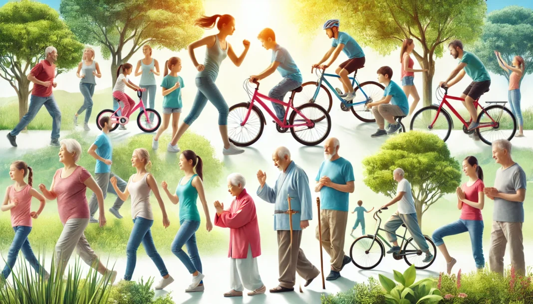 A diverse group of people of different ages engaging in various healthy activities in an outdoor park. The image showcases children playing, teenagers cycling, adults jogging, and seniors practicing tai chi, symbolizing well-being and longevity across different life stages.