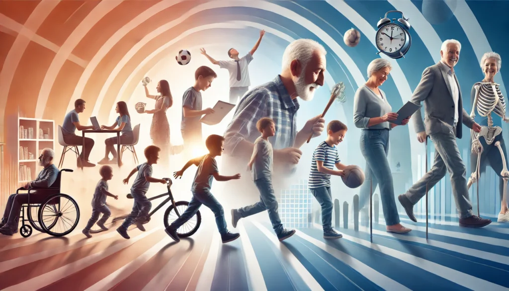 A visual representation of human aging, showing a seamless transition from childhood to old age. The image features a young child playing, a teenager studying, an adult working, and an elderly person enjoying retirement, symbolizing the passage of time and the importance of lifelong health.