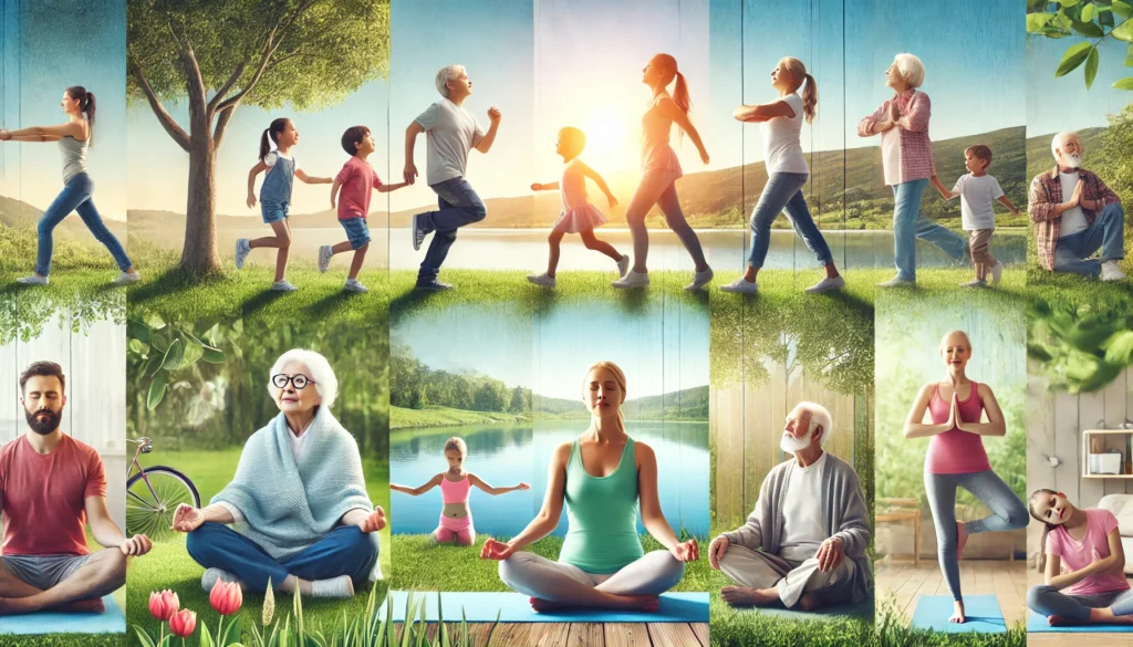A scenic representation of healthy aging, featuring people of various age groups enjoying an outdoor wellness retreat. The image includes young children playing, middle-aged adults practicing yoga, and seniors meditating by a serene lake, symbolizing holistic health and longevity across different life stages.