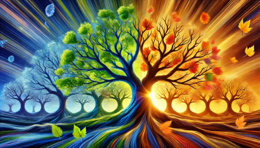 An artistic visualization of aging and longevity, featuring a vibrant tree symbolizing different life stages. The left side represents youth with bright green leaves, the center shows adulthood with strong branches, and the right side illustrates old age with golden autumn leaves. The background transitions from sunrise to sunset, reflecting the passage of time and the journey of life.