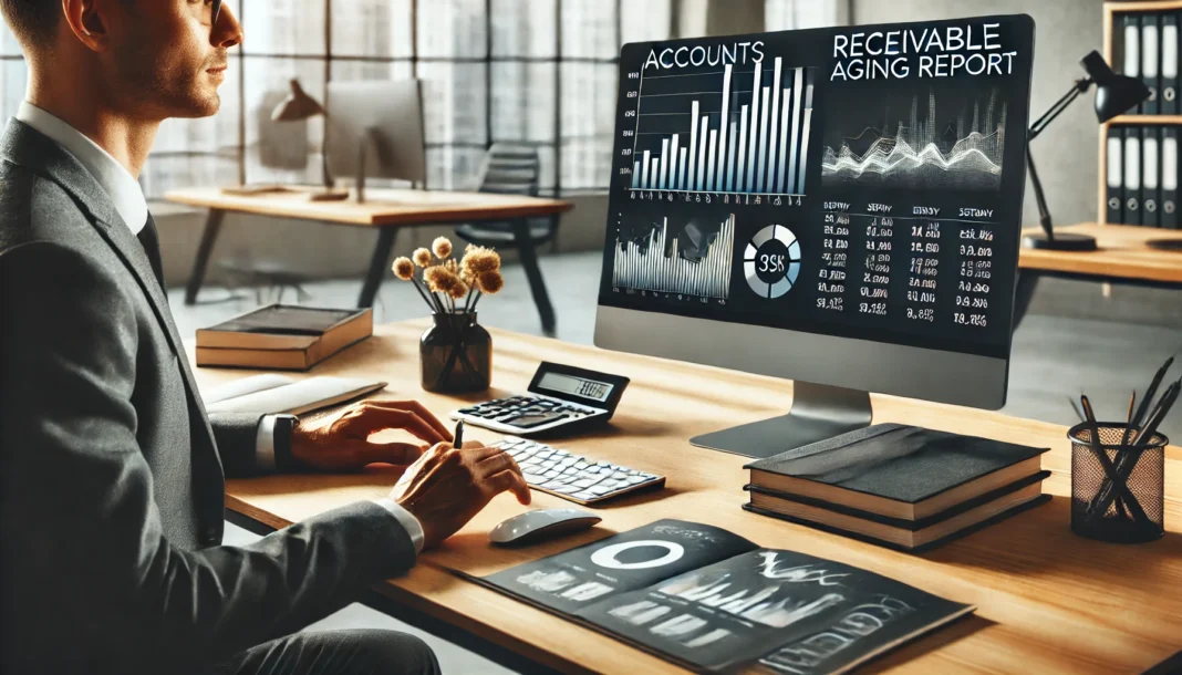 A modern office desk with a financial analyst reviewing charts and graphs on a computer screen, focusing on an accounts receivable aging report. The scene conveys financial organization and strategic planning in a professional setting.