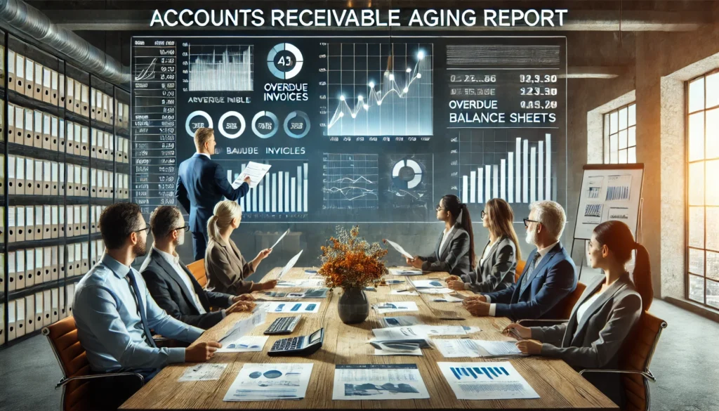 A team of financial professionals in a modern conference room discussing an accounts receivable aging report displayed on a large screen with financial charts, overdue invoices, and balance sheets, highlighting teamwork in financial management.