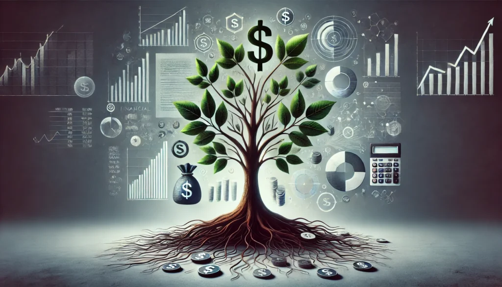 An abstract financial health representation featuring a strong tree with roots intertwined with financial documents, graphs, and money symbols, symbolizing stability and healthy cash flow.