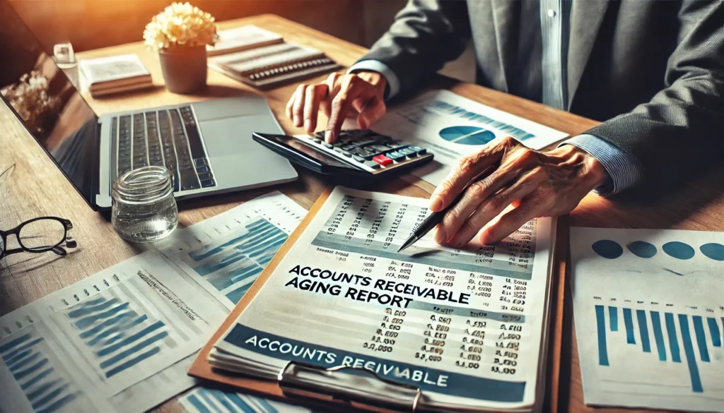 An accountant working on an accounts receivable aging report at a desk filled with financial documents, a calculator, and a laptop, emphasizing accuracy, financial analysis, and data-driven decision-making in a professional setting.