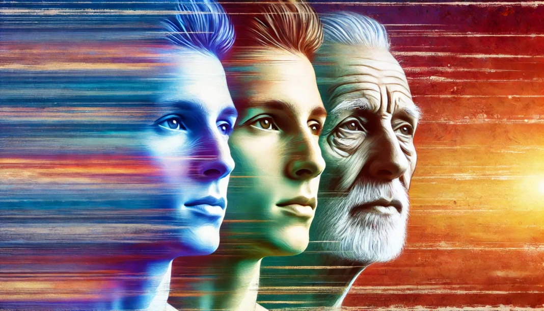 A digital time-lapse effect showing a youthful face gradually transitioning into an elderly face, with the background shifting from vibrant colors to muted tones, representing the natural progression of aging.