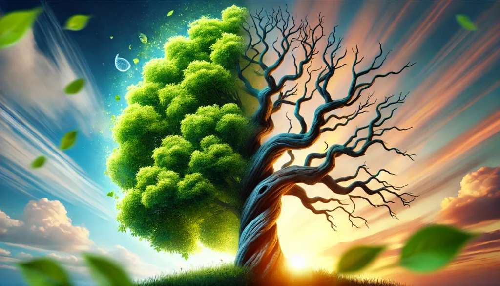 A symbolic image of a tree, with one side lush and green while the other is barren with twisted branches, representing the dual nature of aging—growth and decline—against a background transitioning from a bright sky to a sunset.