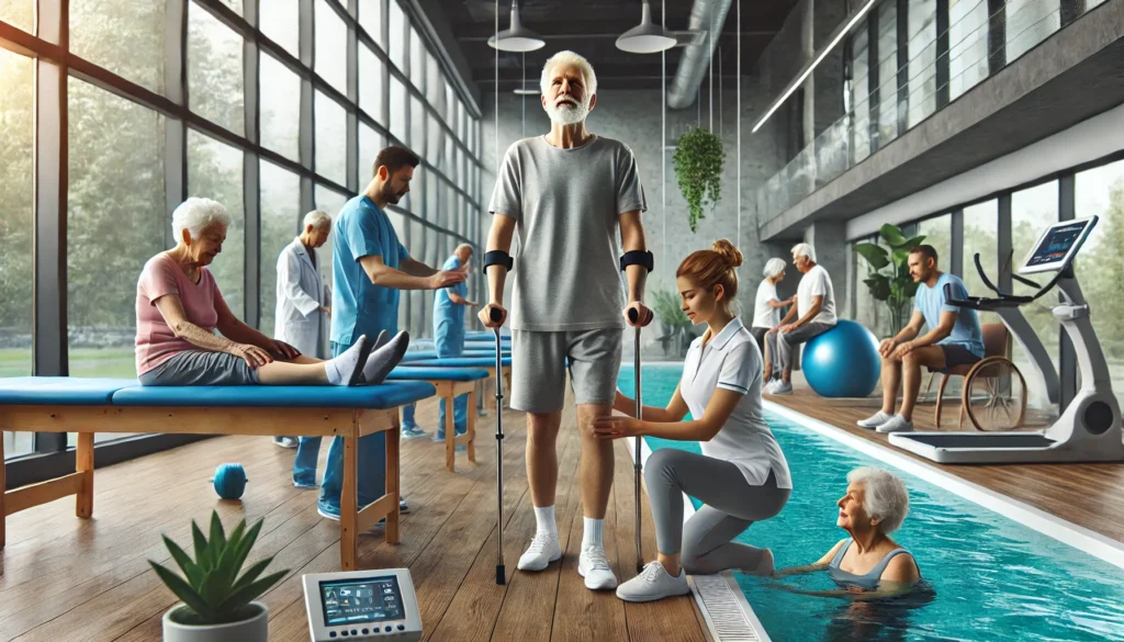 A senior-focused rehabilitation center where elderly individuals participate in physical therapy, assisted exercise programs, and wellness activities, promoting mobility and independence in aging populations.