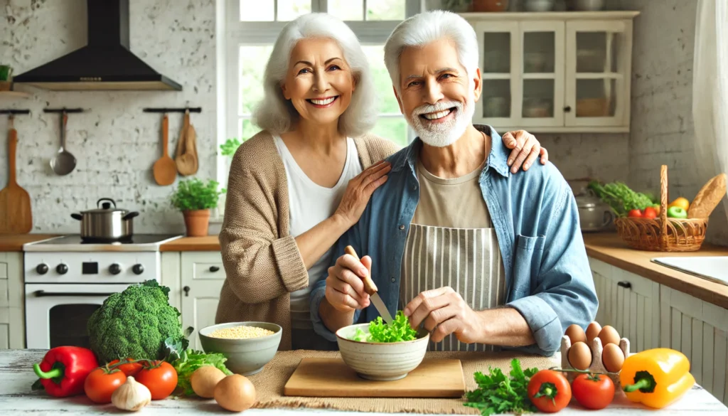 A happy elderly couple preparing a healthy meal in a bright, cozy kitchen filled with fresh vegetables and nutritious ingredients, symbolizing balanced nutrition for longevity.