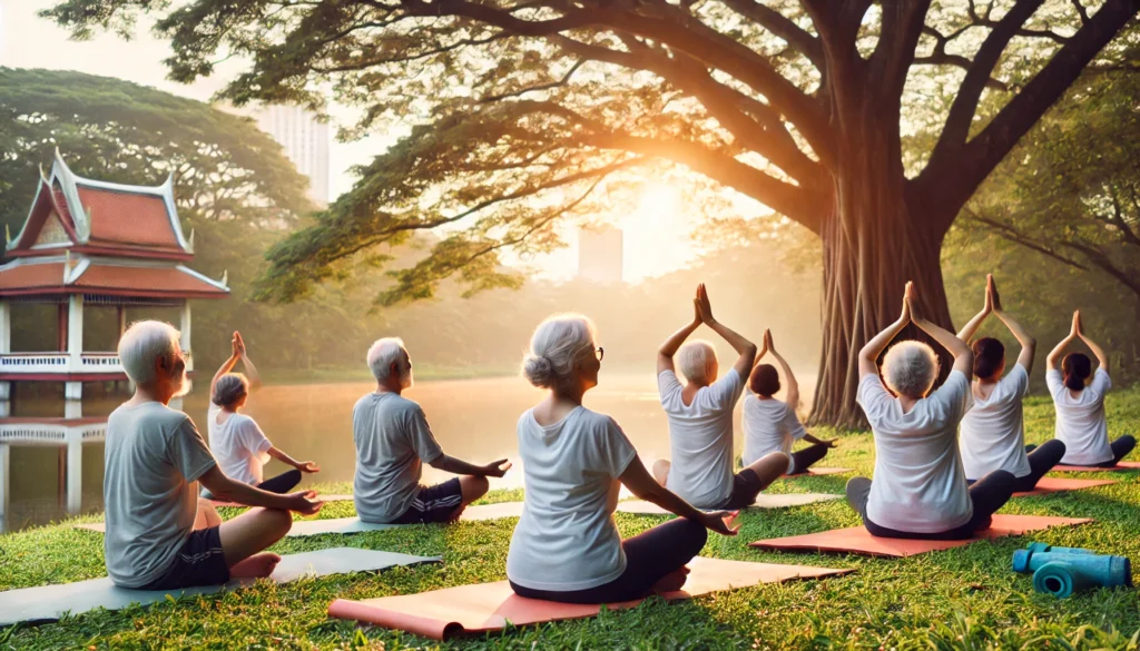 A group of elderly individuals practicing yoga outdoors at sunrise in a peaceful park with a tranquil lake, representing physical wellness and active aging.