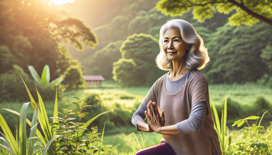 A serene outdoor scene of a fit woman in her 60s practicing yoga at sunrise, surrounded by lush greenery, symbolizing graceful aging and wellness.