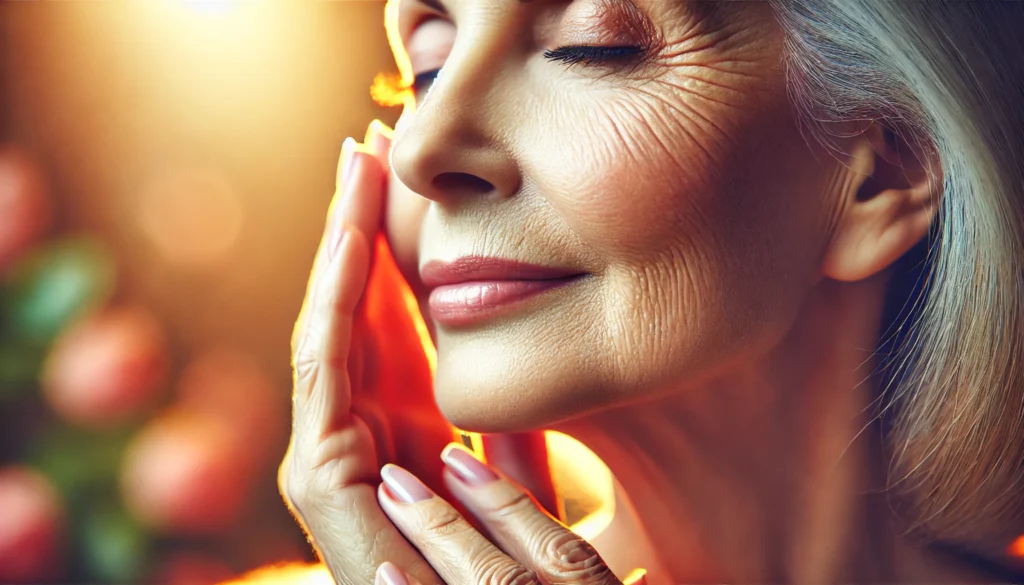 A close-up of an older woman's hands gently touching her radiant skin, showcasing natural beauty, confidence, and the effects of aging gracefully.