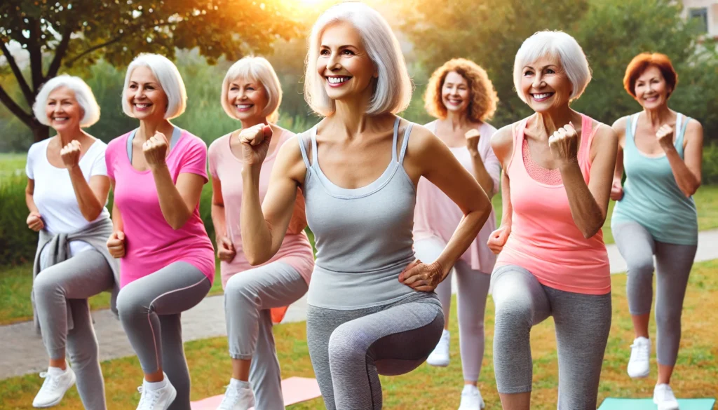 A group of senior women in their 60s engaging in outdoor exercise, enjoying a walk and light stretching in a park, emphasizing active aging and health maintenance.