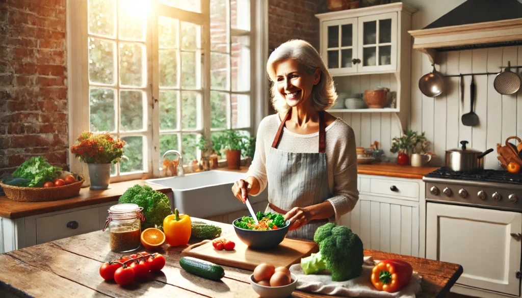 A warm kitchen setting featuring a smiling woman in her 60s preparing a healthy meal with fresh vegetables, illustrating the importance of a nutritious diet in aging.