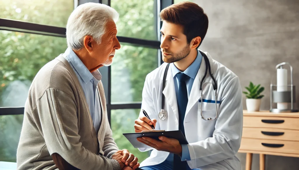 A caring doctor attentively listens to an elderly patient during a health check-up in a professional medical office, highlighting compassionate geriatric care.
