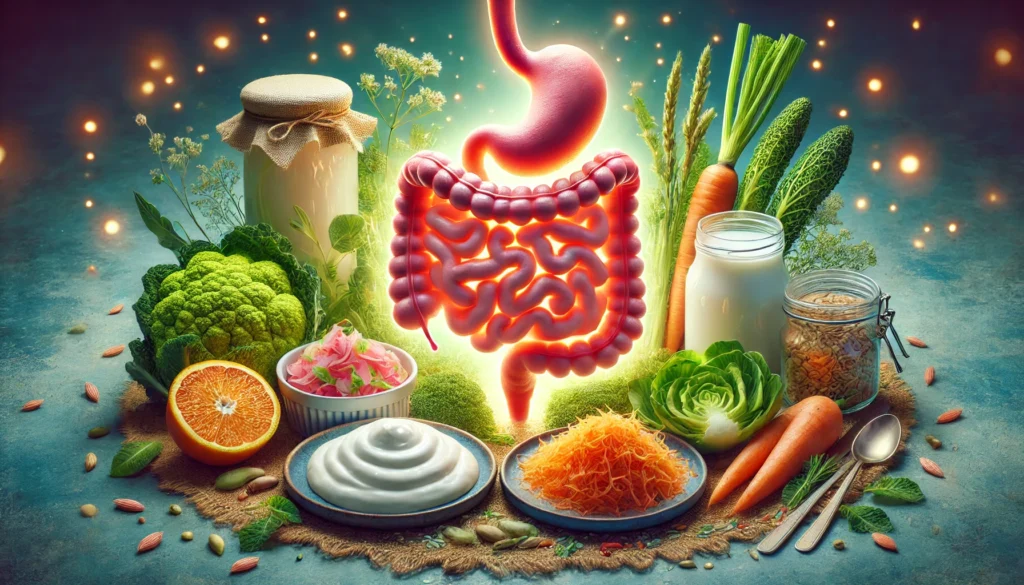 A balanced, glowing digestive system surrounded by fresh, probiotic-rich foods such as yogurt, kimchi, and leafy greens, illustrating the importance of diet in maintaining a healthy gut microbiome.