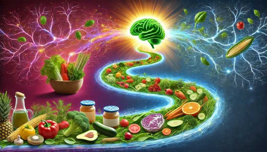 A creative visualization of healthy foods, including fermented vegetables, leafy greens, and nuts, transforming into neural pathways. The colorful ingredients flow through a winding path leading to a glowing brain, illustrating the gut reset diet’s impact on mental health and cognitive function