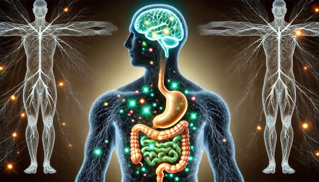 A surreal depiction of a transparent human silhouette, revealing a thriving gut microbiome with glowing, interconnected bacteria. Above the head, neural pathways illuminate in harmony, symbolizing how a balanced gut can enhance cognitive function and emotional stability