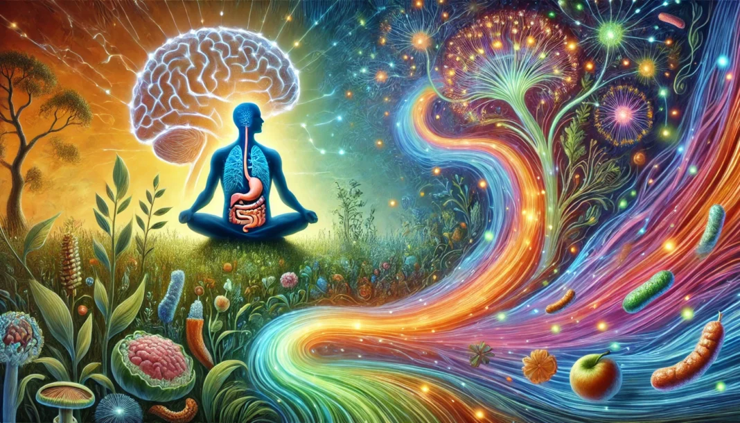 A vibrant digital painting of a healthy gut microbiome, depicted as a glowing, lush ecosystem with diverse flora and radiant energy flows. The background subtly illustrates neural connections, symbolizing the gut-brain link and how gut health influences mental wellness