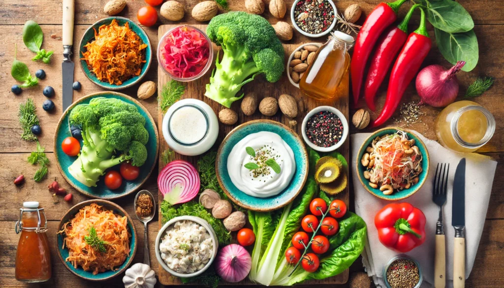 A top-down view of a gut-friendly meal featuring fermented foods like kimchi, sauerkraut, yogurt, and kombucha, alongside fresh vegetables and nuts, arranged on a rustic wooden table, symbolizing digestive health and nutrition.