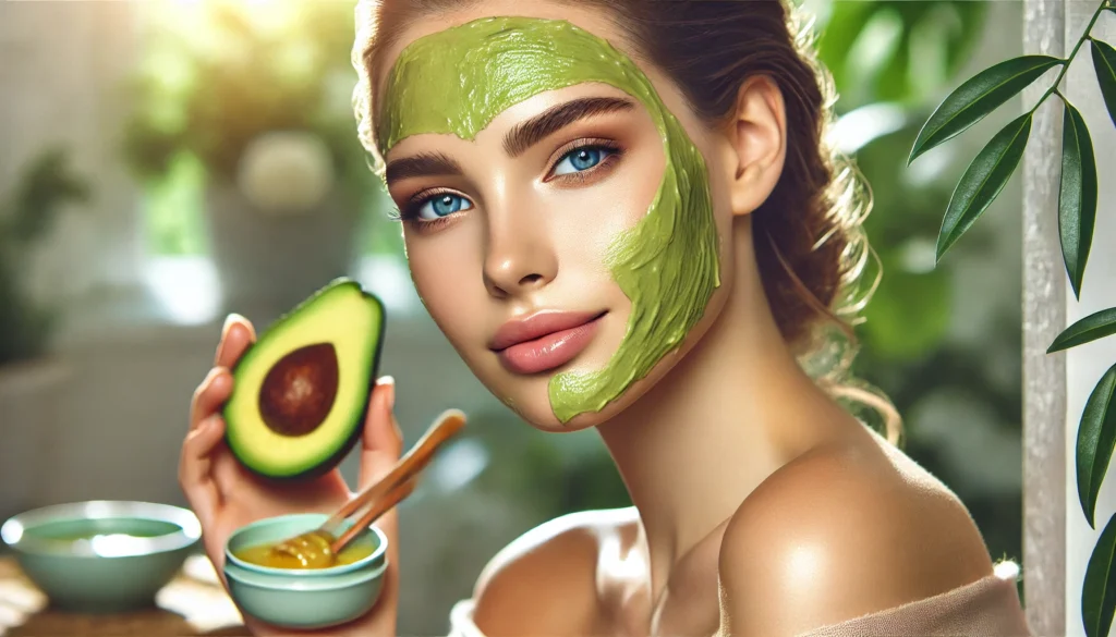 A serene woman with a glowing, youthful complexion applies a natural facial mask made from fresh avocado and honey. She is surrounded by lush green plants in a spa-like setting with soft, ambient lighting that enhances the radiance of her skin.