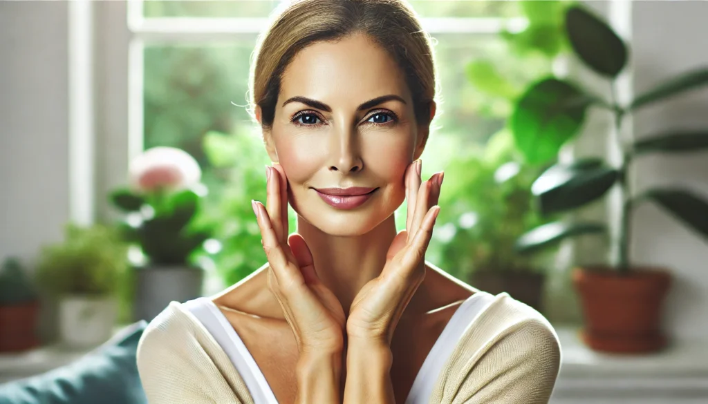 A middle-aged woman with radiant, youthful skin practicing facial yoga in a bright, greenery-filled room. Her hands are placed on her face in a lifting motion, demonstrating a natural anti-aging technique. Soft natural light highlights her healthy complexion.