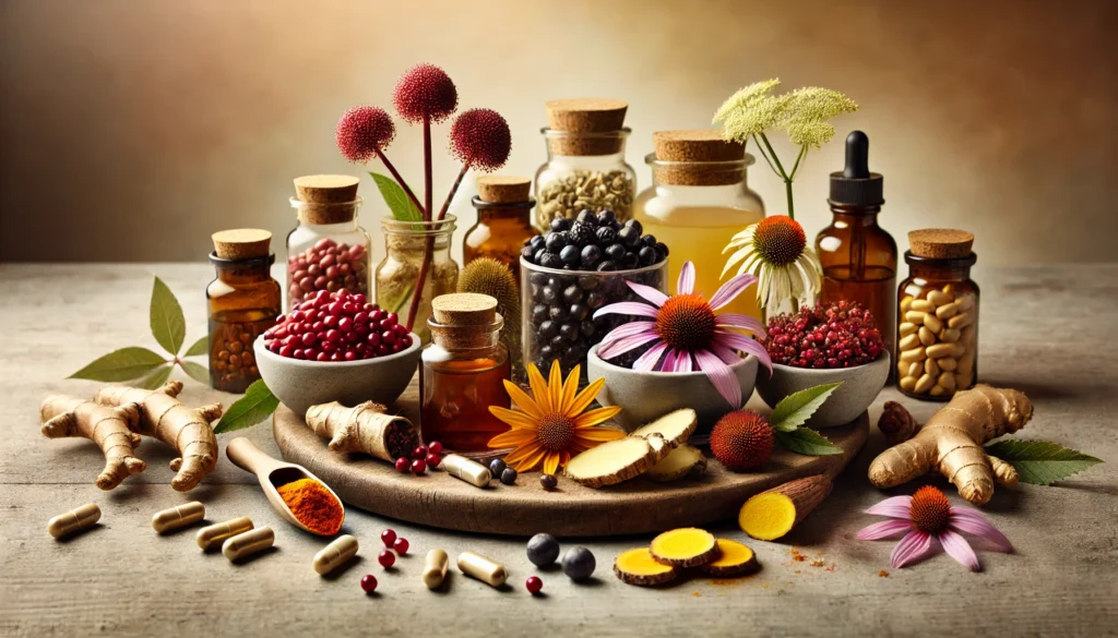 A beautifully arranged wooden tray featuring herbal immune-boosting ingredients such as elderberries, echinacea flowers, turmeric root, and ginger slices, complemented by small glass jars filled with herbal extracts and vitamin capsules, set against a warm, earthy-toned background.