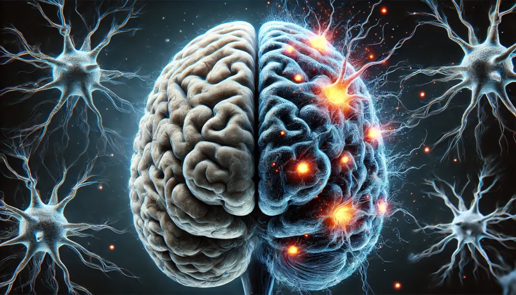 A hyper-realistic digital painting of a human brain experiencing neurodegeneration, with neural connections deteriorating and inflamed neurons glowing. The image contrasts a youthful brain region with an aged, damaged one.