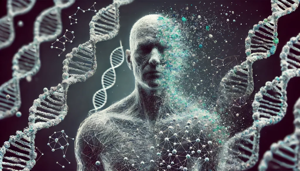 A visually striking depiction of the aging process at a molecular level, featuring a human figure composed of interconnected cells and DNA strands. Parts of the body gradually break down and disintegrate into particles, symbolizing cellular senescence and aging.