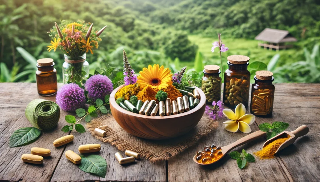 A serene outdoor setting featuring a wooden bowl filled with turmeric capsules, herbal pills, and omega-3 softgels, surrounded by fresh medicinal herbs and flowers, with a lush green forest in the background, symbolizing natural longevity.