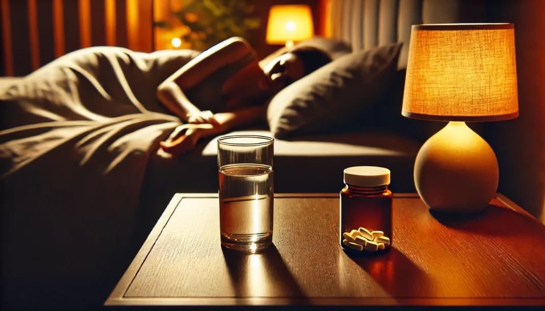 A peaceful bedroom with warm, dim lighting. A bedside table holds a glass of water and a small pill bottle, symbolizing a nighttime supplement routine. A person is resting in the background, evoking a sense of relaxation and sleep.