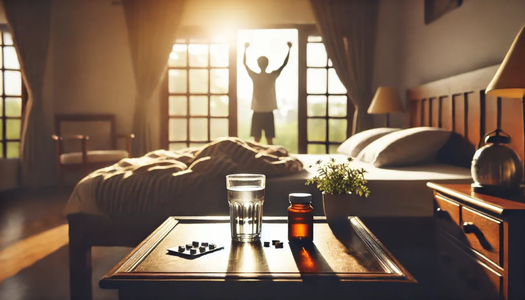 Soft sunlight streams through a bedroom window, illuminating a bedside table with a small pill bottle and a glass of water. A person stretches in the background, conveying a sense of refreshed wakefulness after sleep