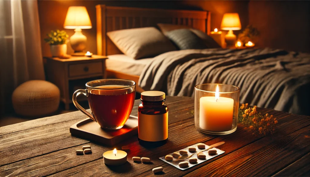 A wooden table with a cup of herbal tea, a small supplement bottle, and a dimly lit candle, creating a calming atmosphere. A warm, inviting bed with soft pillows is visible in the background.