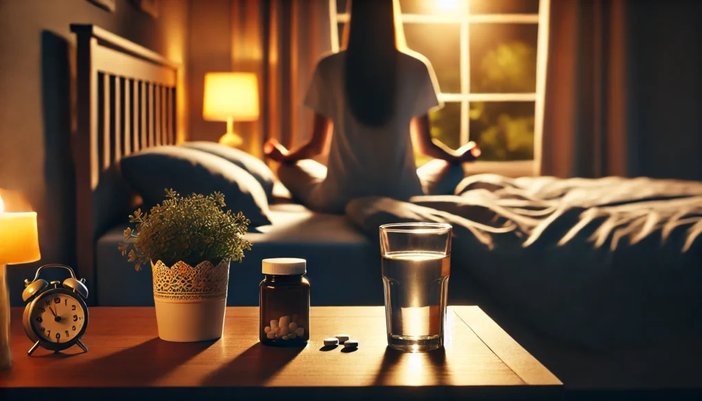 A tranquil bedroom scene with a person sitting on their bed, meditating in dim evening light. A small pill bottle and a glass of water rest on a bedside table, symbolizing relaxation and a supplement routine for sleep and anxiety relief.