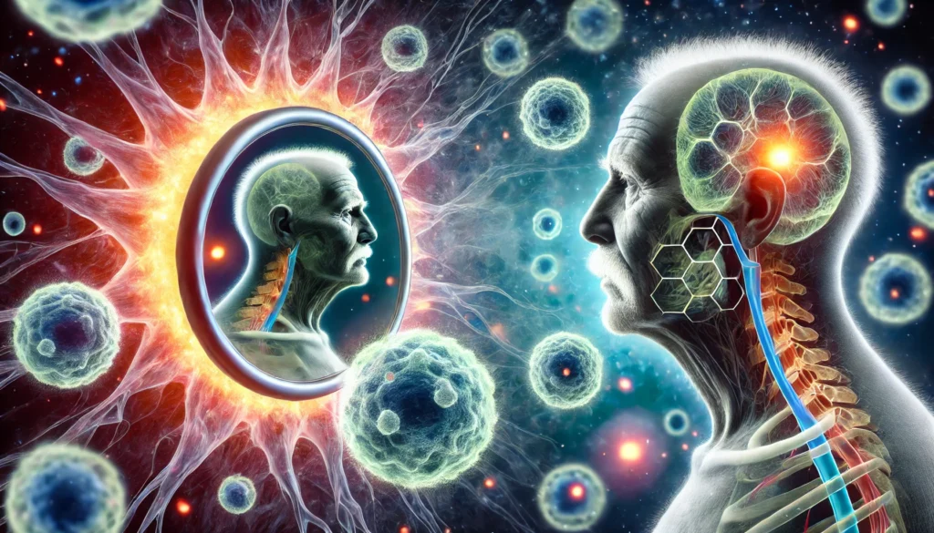 A symbolic representation of aging and cellular senescence, featuring an elderly person gazing into a mirror reflecting their younger self. Around them, an abstract visualization of cellular changes contrasts healthy and senescent cells, symbolizing hope for anti-aging advancements.
