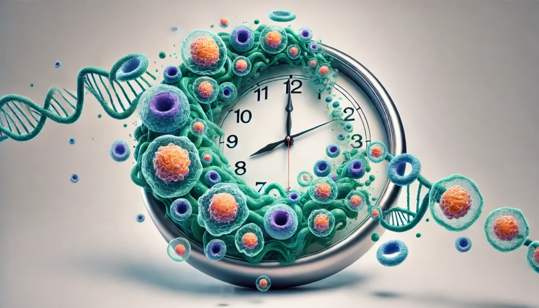 An artistic representation of a biological clock intertwined with aging cells, symbolizing the passage of time and cellular senescence. Healthy cells gradually turn into senescent cells as they move along the clock’s surface, depicting the aging process at a microscopic level.