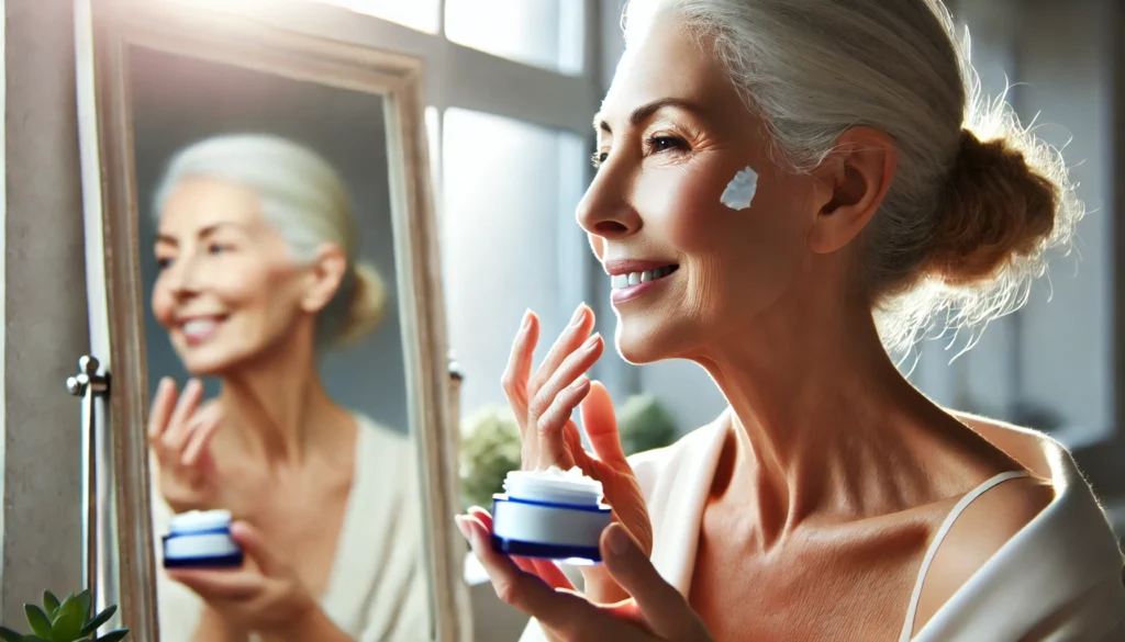 A beautiful elderly woman with smooth, healthy skin applying moisturizer in front of a mirror, illuminated by natural sunlight, showcasing a well-maintained anti-aging skincare routine.