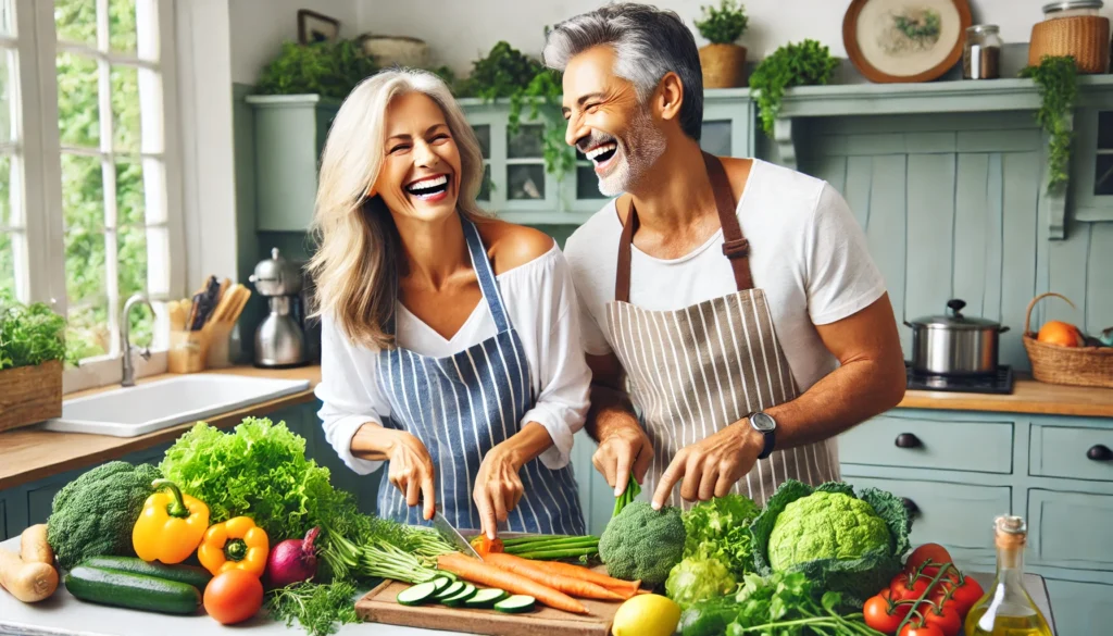 A healthy, middle-aged couple preparing a nutrient-rich meal in a bright kitchen filled with fresh vegetables, fruits, and herbs, symbolizing longevity through diet.