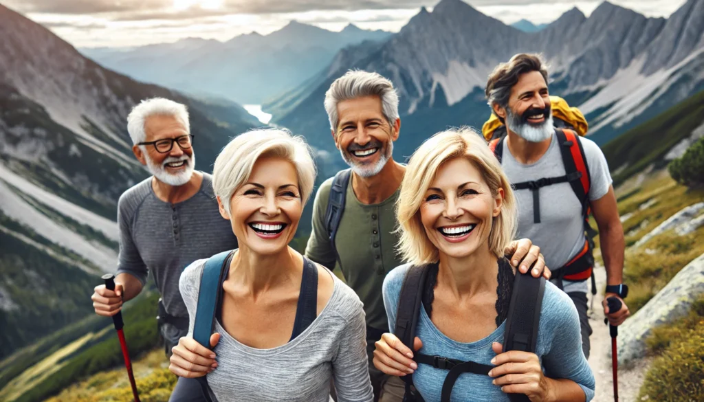 A group of energetic, middle-aged friends hiking along a scenic mountain trail, enjoying the outdoors and embracing an active lifestyle for longevity.
