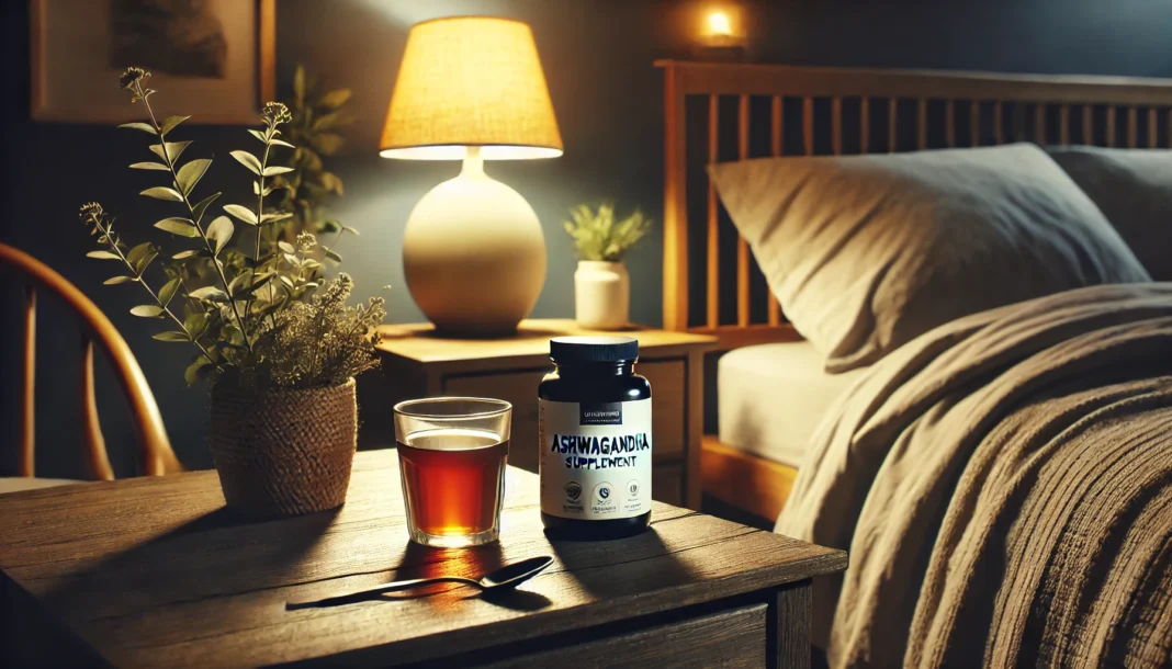A serene nighttime bedroom setting with soft lighting, a cup of herbal tea, and an open Ashwagandha supplement bottle on a bedside table, creating a calm and inviting atmosphere for relaxation before sleep.