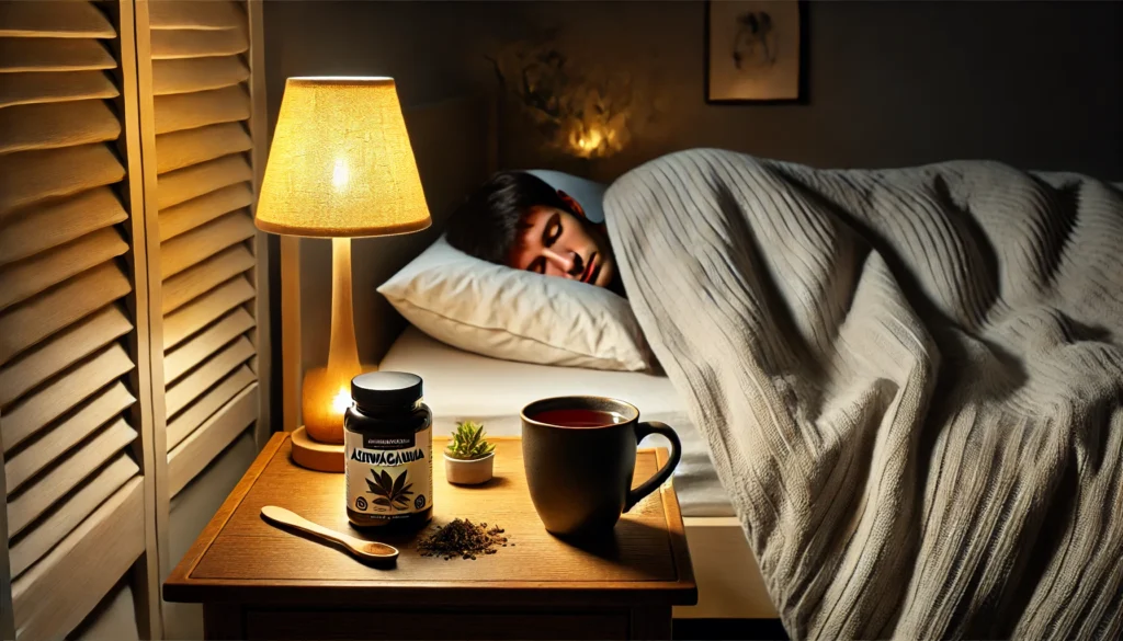 A cozy bedroom scene at nighttime, featuring a person peacefully asleep under soft blankets. On the bedside table, there’s an Ashwagandha supplement bottle next to a warm herbal tea cup, illuminated by gentle lamp light.