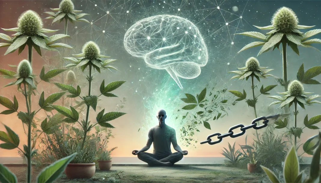 A meditative person surrounded by Ashwagandha plants, symbolizing calmness and mental balance. A soft-glowing neural network in the background represents cognitive effects, while a dissolving chain subtly hints at dependency concerns.