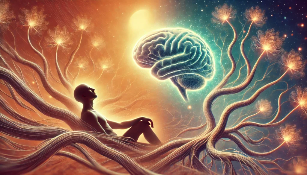 A surreal double-exposure composition showing a person with a glowing brain on one side and intertwining root-like neural pathways on the other, visually exploring the balance between Ashwagandha’s mental benefits and dependency risks.